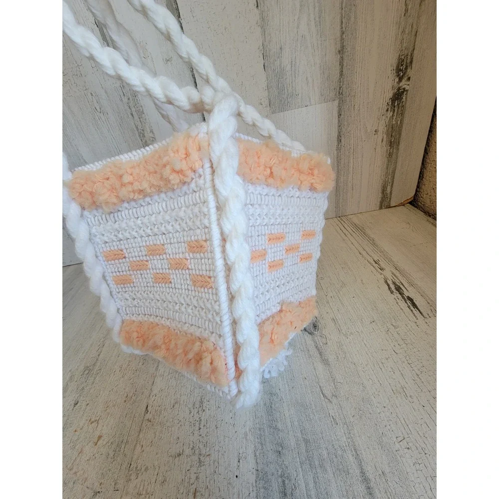 Crochet orange square plush hanging basket unique home decor tassel